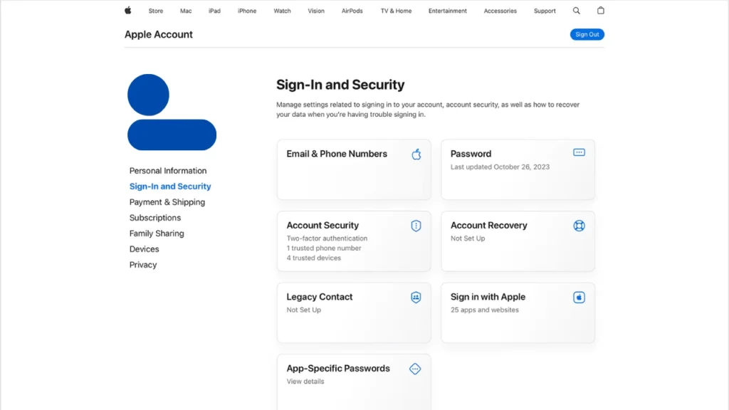 Apple Sign-in and Security Web Page - How to Change Apple ID Password