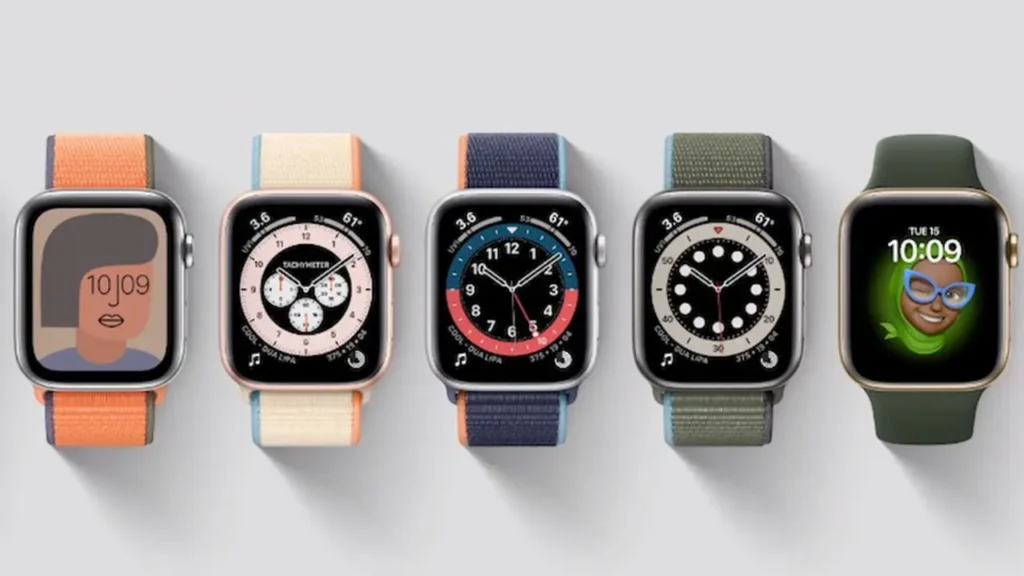 A Row of Five Apple Watches Displaying Different Watch Faces - How To Change Apple Watch Face?