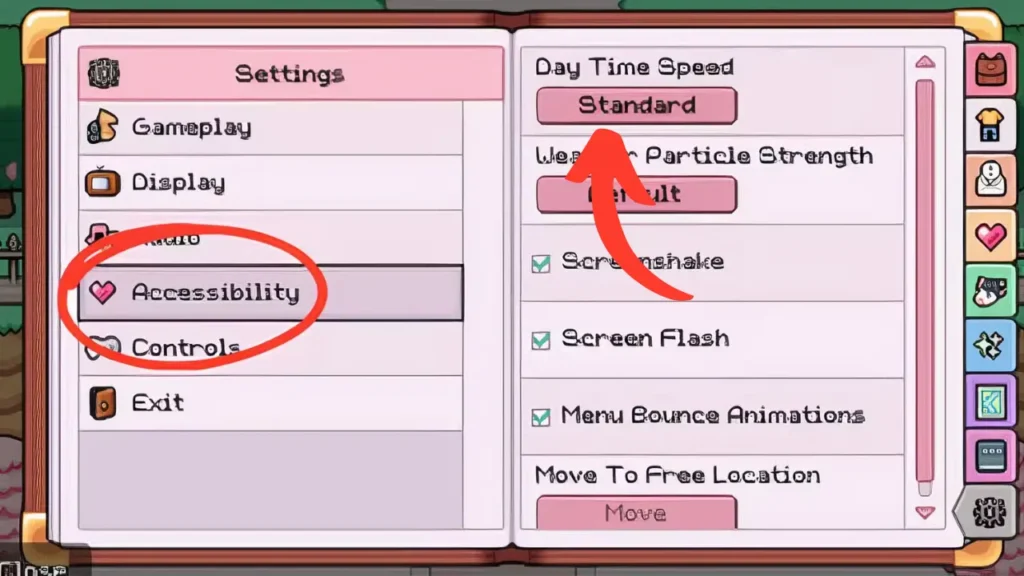 Accessbilty & Standard Options Highlighted on Settings Page of Fields of Mistria - How to Change Day Length in Fields of Mistria?