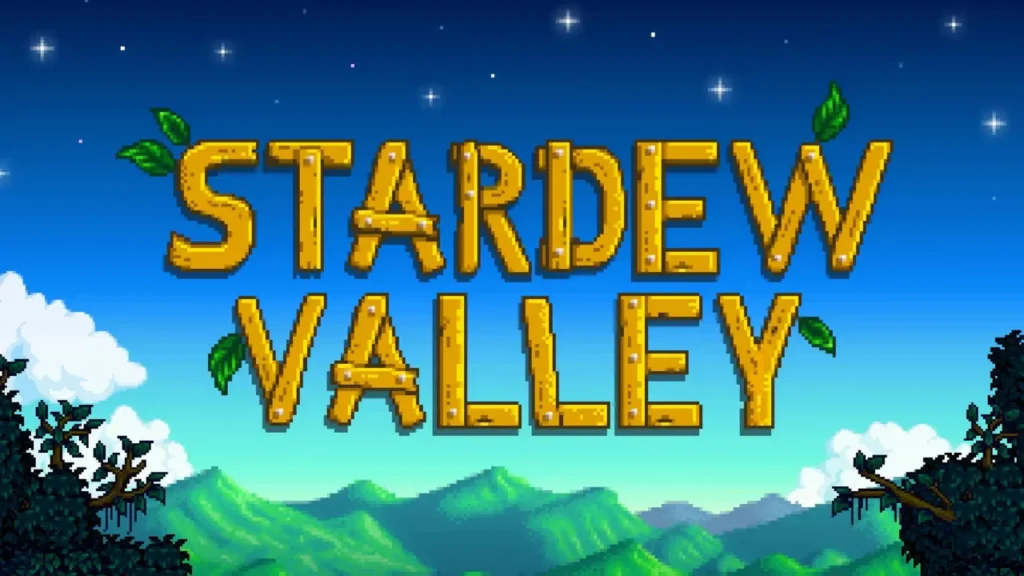 Stardew Valley Game Title in Pixelated Font Over a Landscape - How to Change Your Appearance in Stardew Valley?