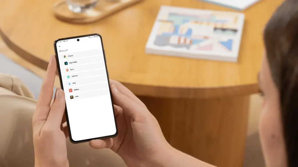 Woman Holding Phone Displaying Different Browser Options on Browser Page - How to Change Default Browser?