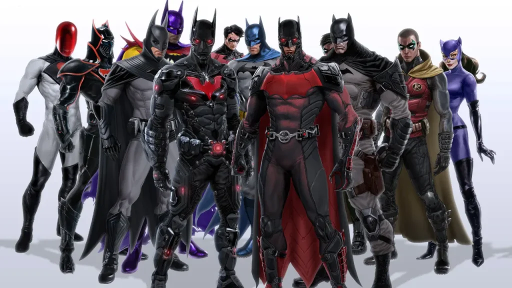 A Group of Characters from Arkham Knight, Including Batman In Various Alternate Suits - How to Change Batsuit in Arkham Knight?