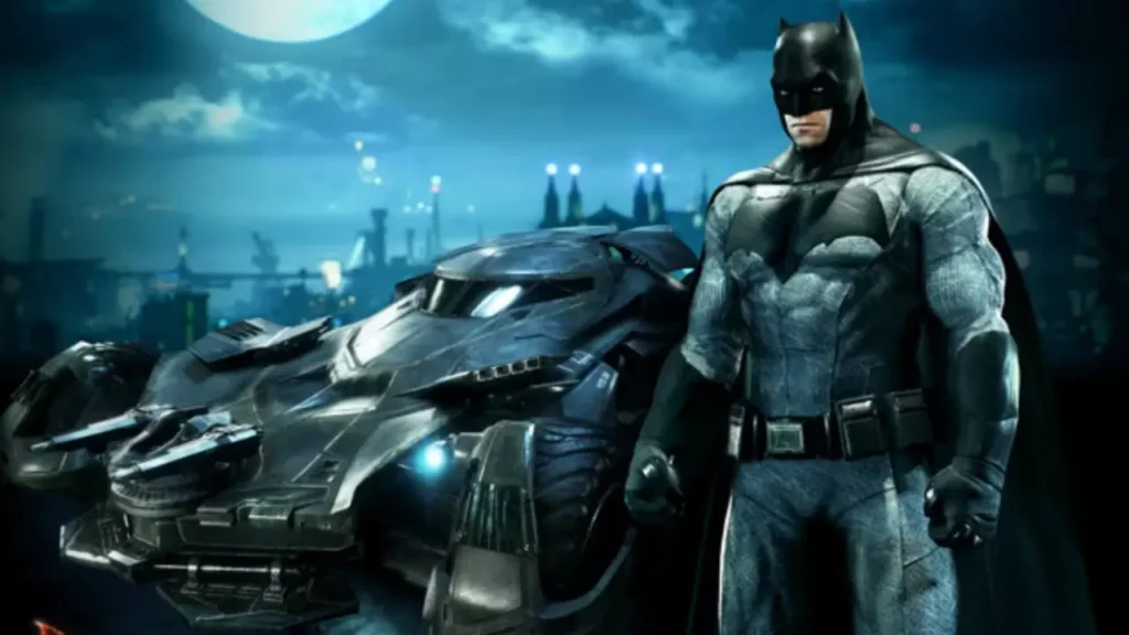 Batman in His Batsuit Standing Next to The Batmobile from Arkham Knight with Stylized Gotham City - How to Change Batsuit in Arkham Knight?